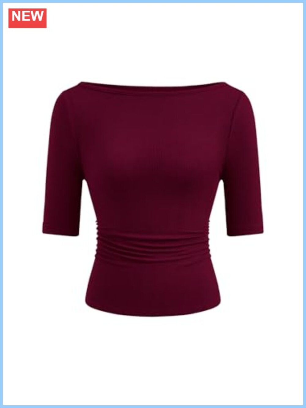 Boat Neck Ribbed Knit Short Sleeve Tee for Women Stretchy Slim Fit